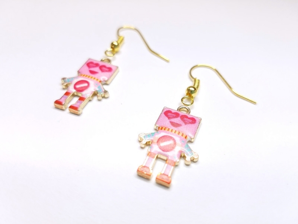 Roboter Ohrringe rosa hell goldfarben robot